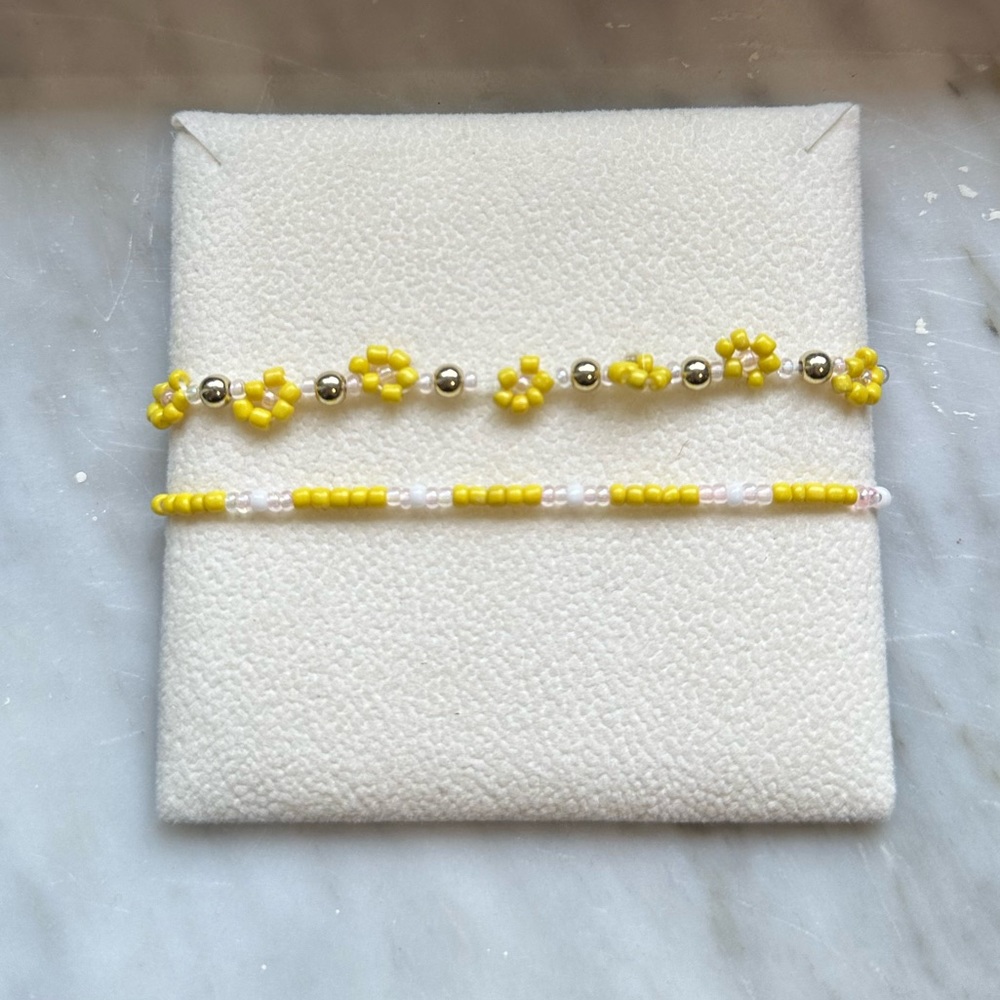 Two Handmade Yellow Flower Bead Bracelet